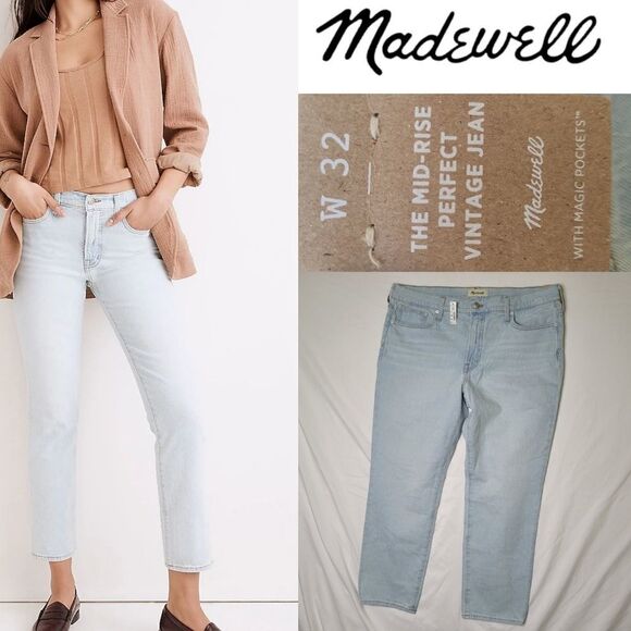 NEW 32 MADEWELL MID RISE PERFECT VINTAGE JEANS straight leg MAGIC POCKETS NWT - Picture 1 of 16